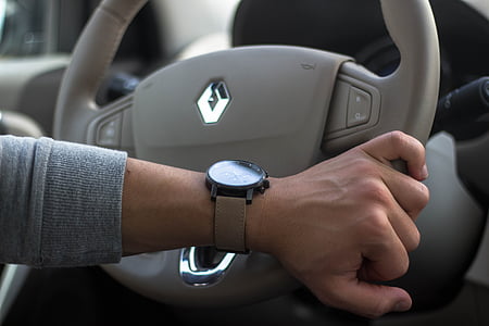person holding gray Renault steering wheel