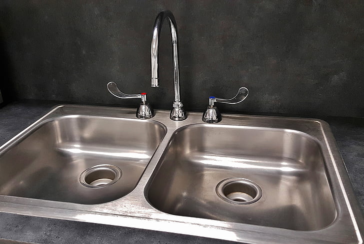gray stainless steel twin sink with faucet