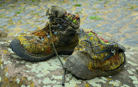 pair of brown-and-black camouflage hiking shoes