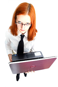 woman holding Dell laptop