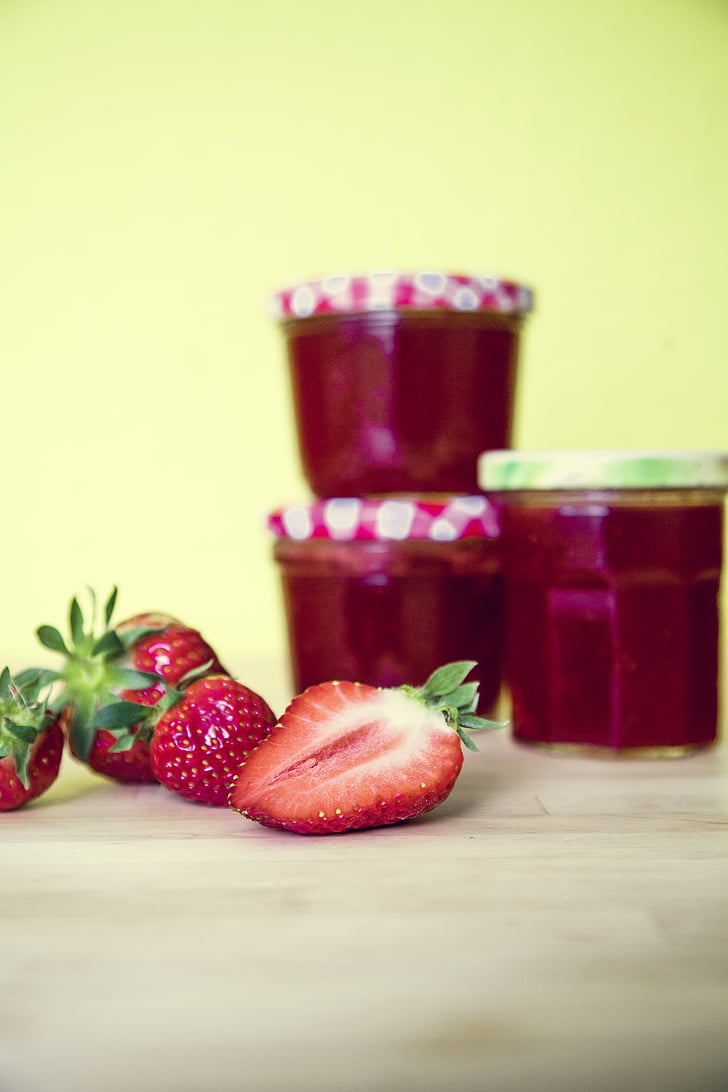strawberries, jam, glass, cook, spread, vitamins