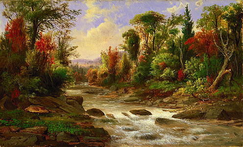 photo of river surround by trees painting