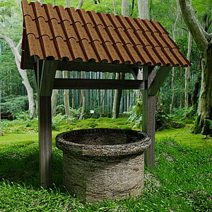 brown concrete well surrounded by green leaf trees