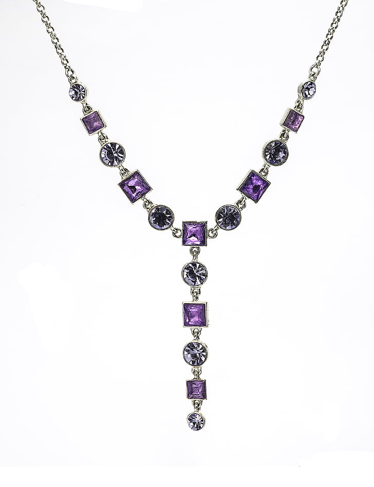 silver-colored clear and purple gemstone necklace