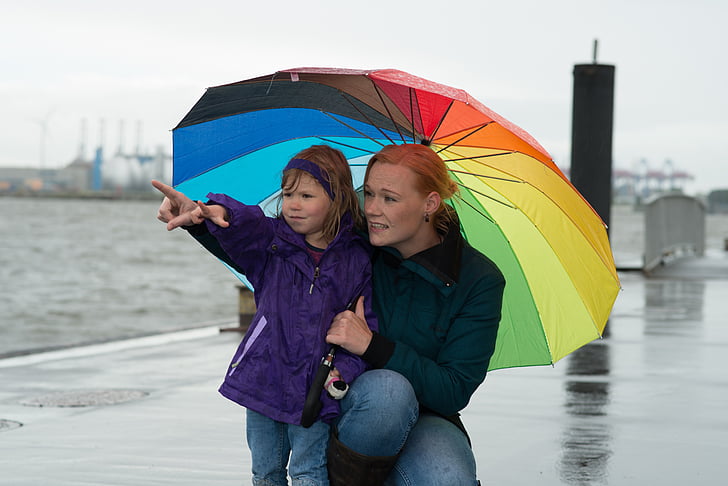 woman and girl holding umbrella while pointing her finger