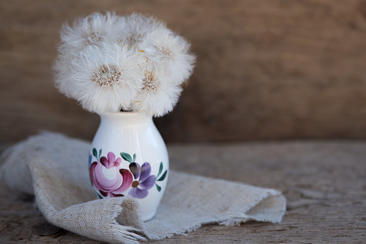 white dandelions on white floral ceramic vase