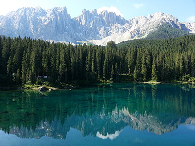 photography of lake surrounded by green pine trees next to snow capped mountain during daytime