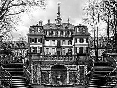 grayscale photo of mansion
