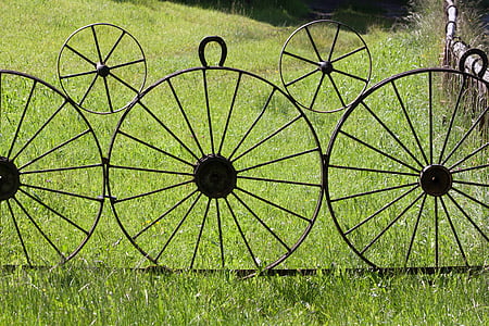 gray carriage wheel garden decor