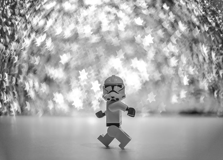 grayscale photo of LEGo Stormtrooper