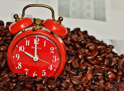 red double-bell alarm clock on top of coffee beans