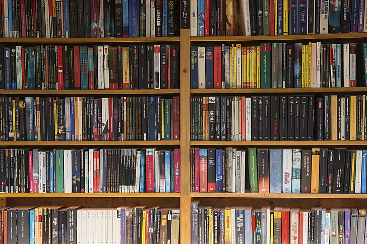 book lot at bookshelf
