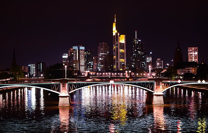lighted building and bridge cityscape