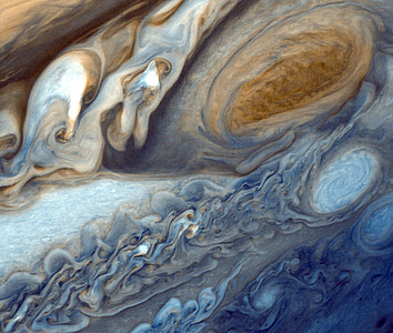 brown and blue gas storms planet Jupiter