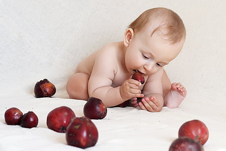 baby eating ripe apple illustration