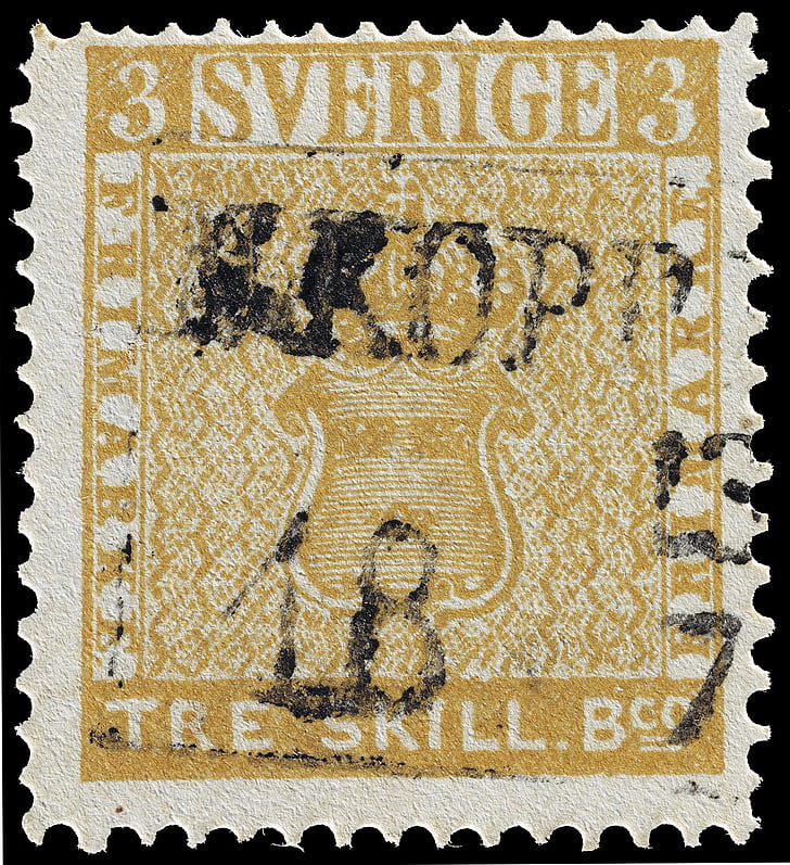 closeup of Sverige Tre Skill postage stamp