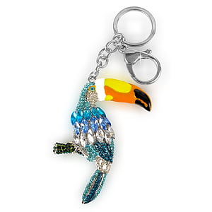blue, yellow, and green gemstone bird keychain