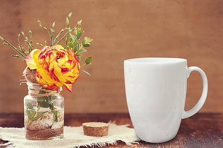 white ceramic cup beside red and yellow petaled flower in clear glass vase