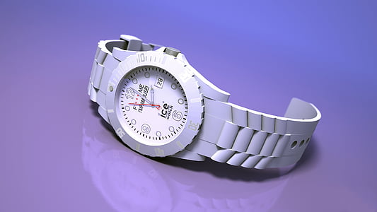round silver-colored analog watch with white link at 2:00