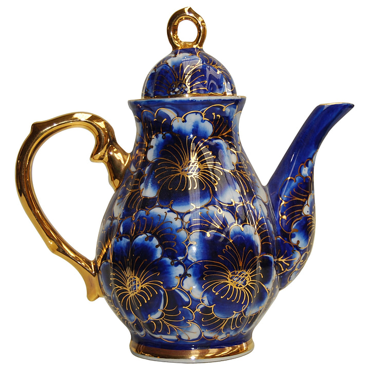 blue and gold floral teapot