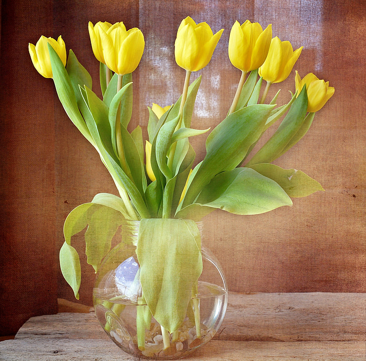 yellow tulip flowers in clear glass vase centerpiece