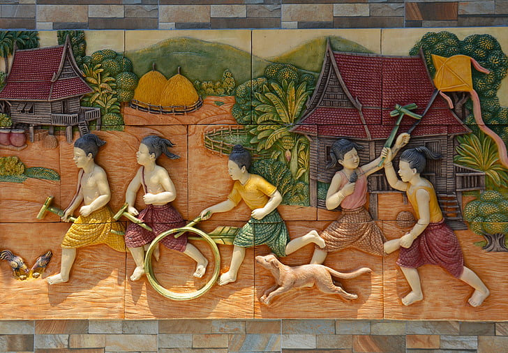 children playing outside embossed wall decor