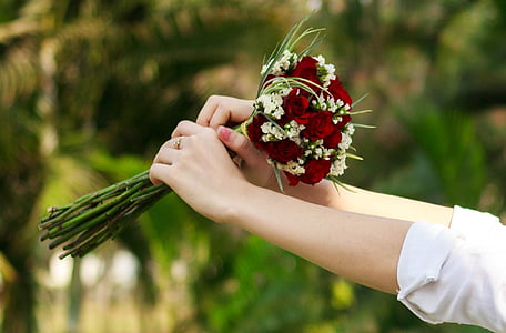 person holding bouquet of red and white flowers