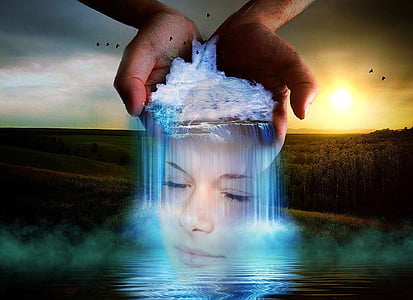 woman's face portrait in reflection of hand waterfalls golden hour photo illustration