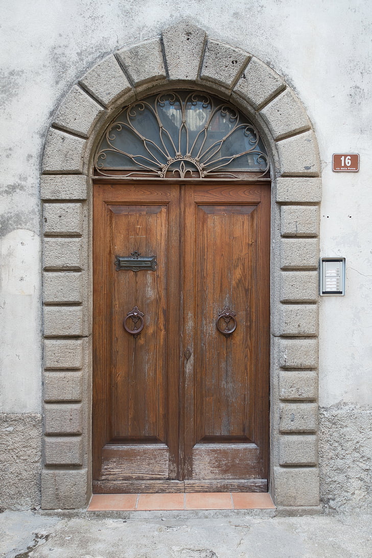 Royalty-Free photo: Brown wooden closed door near doorbell at daytime - PickPik