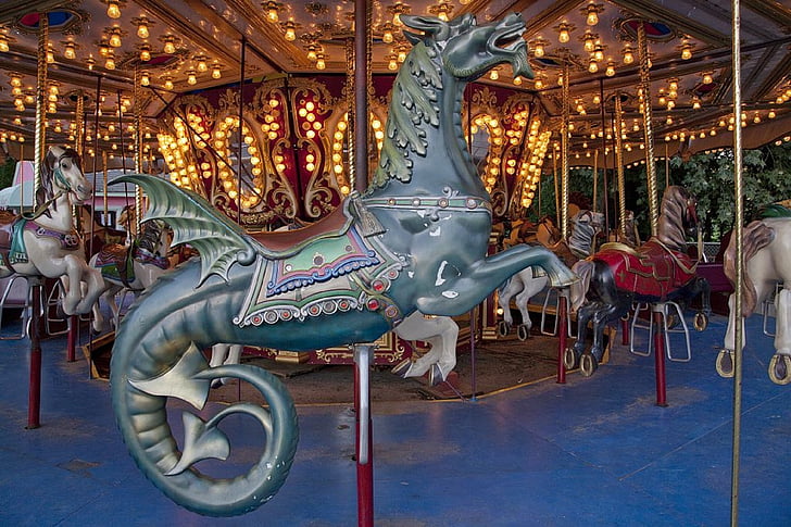 closeup photo of seahorse carousel