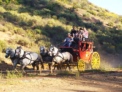 people in red horse carriage at daytime