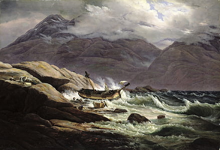 painting of ship beside shore