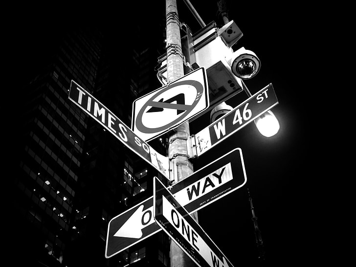 grayscale photo of street signs