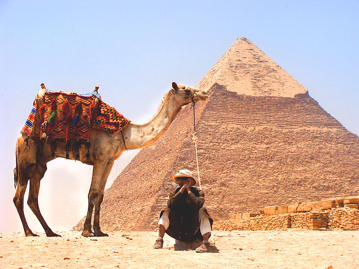 man sitting beside camel near The Great Pyramid, Egypt