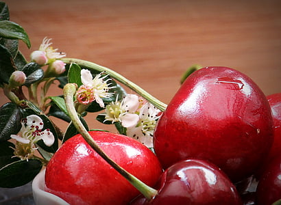 close up photo of red cherry beside white petaled flowers
