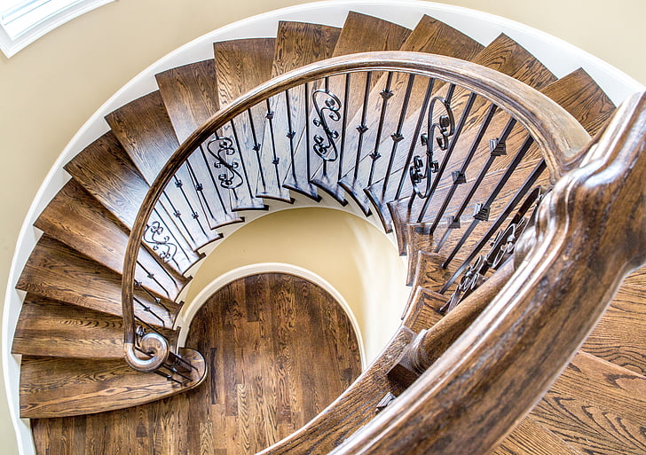 high angle view of brown spiral stairs