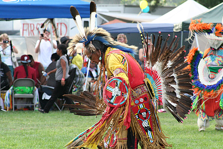 man wearing native American costume while standing on green grass during daytime