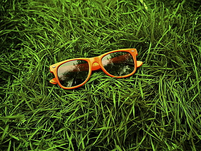 orange and gray wayfarer sunglasses with frames on green grass