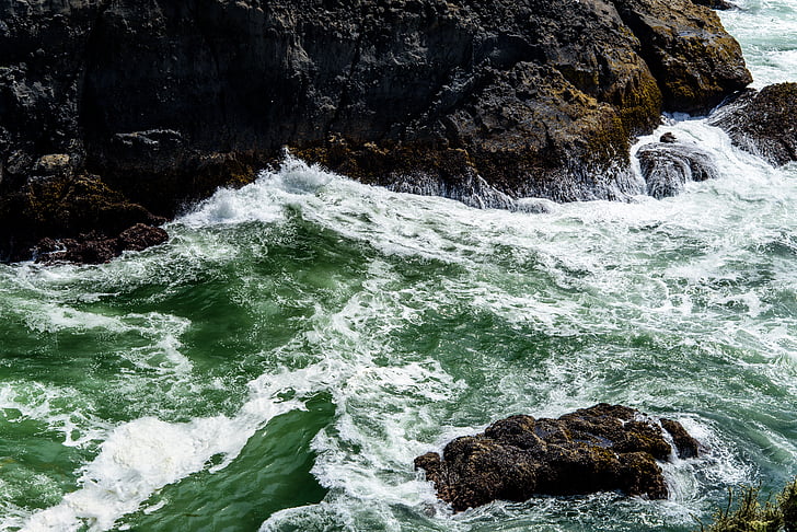 raging water waves hitting rocks