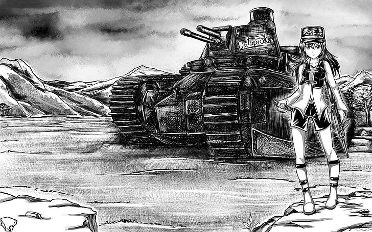 girl in romper dress standing near battle tank sketch