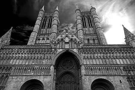 low angle grayscale photo of cathedral