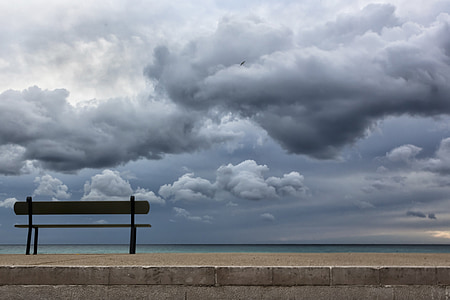 brown wooden bench near body of water under cloudy sky