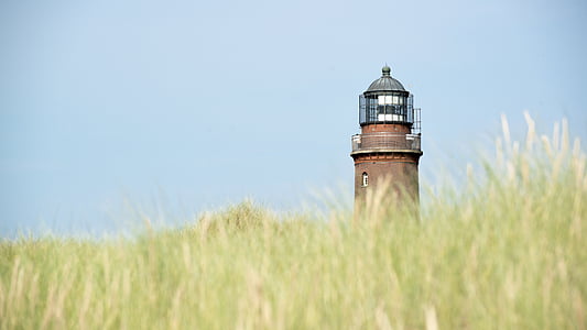 brown lighthouse under blue sky surrounded by green grasses