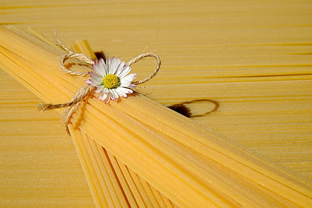 raw pasta tied with brown rope with daisy accent