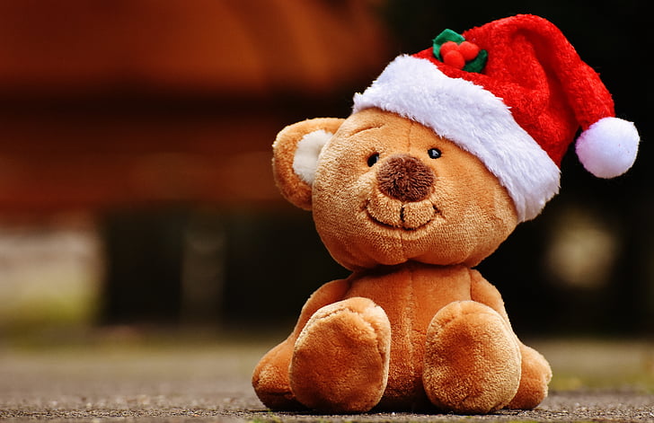 selective focus photo of brown bear plush toy wearing red and white Santa hat over concrete ground