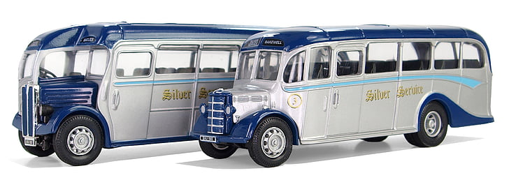 two blue-and-white coach bus die-cast models