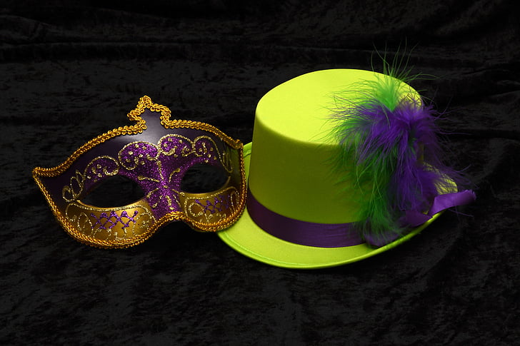 purple and gold masquerade and green dress hat