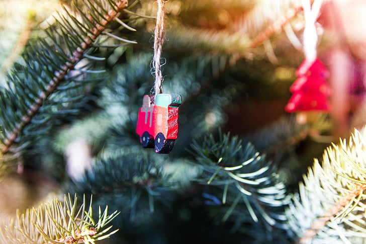 close-up photo of red ornament hanging on tree