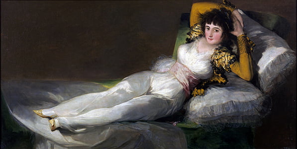 woman lies on lounge painting
