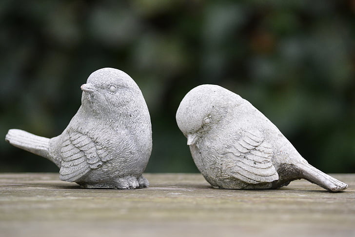 selective focus photography of two grey concrete bird figurines